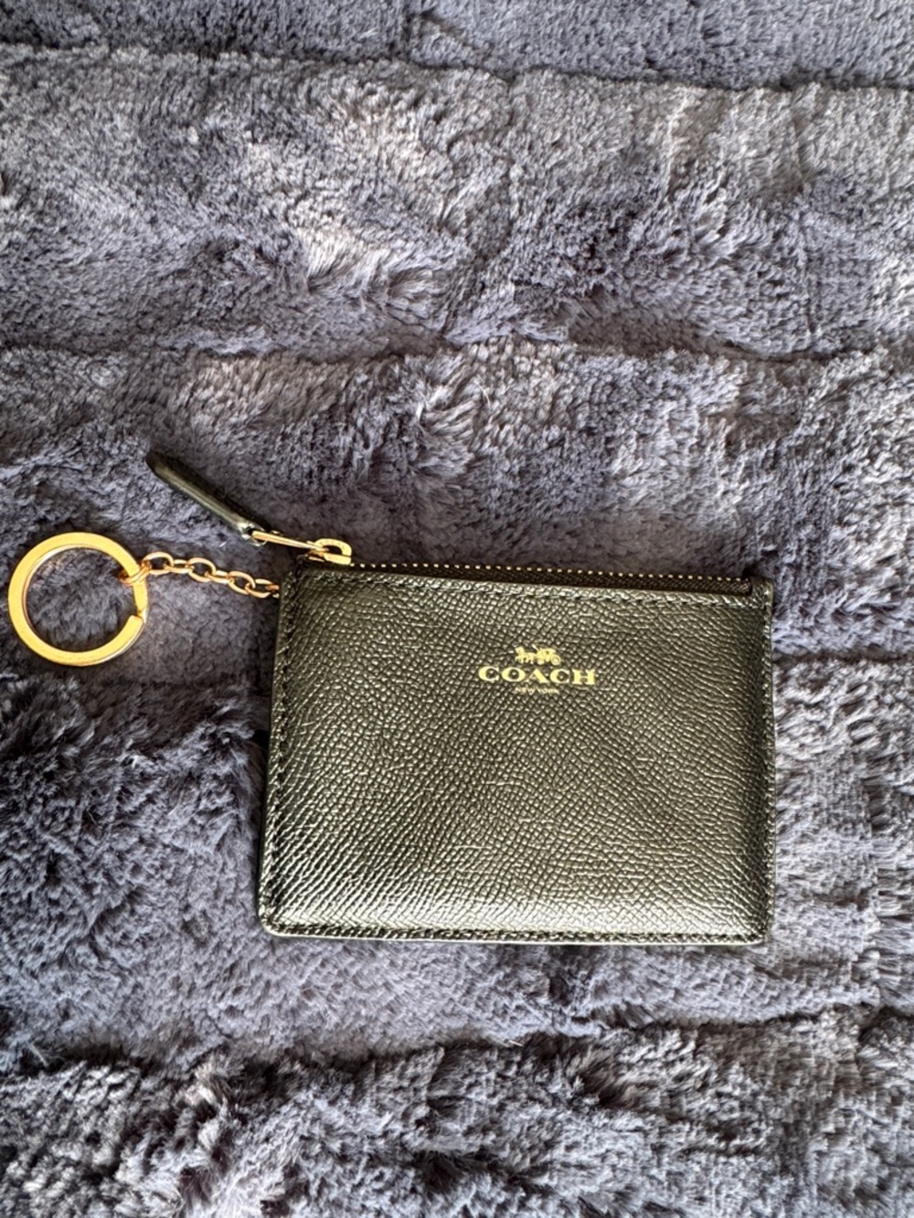Coach Black Pebbled Leather Zip Card Case with Gold Key Ring